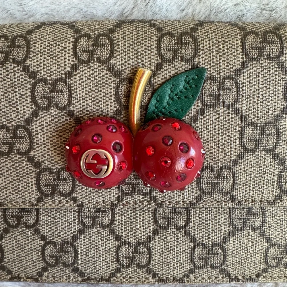 Gucci Beige Monogram Crossbody with Red and Green Cherry Accent P0264